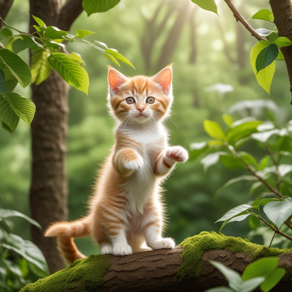  A cute ginger kitten stands on one leg in the tree pose (Vrksasana) with its front paws pressed together. It balances gracefully while surrounded by lush greenery. The background is a peaceful park with tall trees and birds chirping. hyperrealistic, full body, detailed clothing, highly detailed, cinematic lighting, stunningly beautiful, intricate, sharp focus, f/1. 8, 85mm, (centered image composition), (professionally color graded), ((bright soft diffused light)), volumetric fog, trending on instagram, trending on tumblr, HDR 4K, 8K