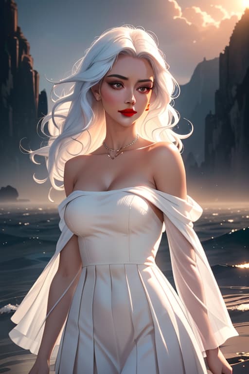  masterpiece, best quality, beautiful face, dark make up, movie still, stunning , lips, carmin red lips, long hair, White hair, wavy hair, iest, ful, huge , deep age, off shoulders, very short dress, pleated dress, cloud , floating in the sky, bright, happy, warm soft lighting, sunset, (sparks:0.7) hyperrealistic, full body, detailed clothing, highly detailed, cinematic lighting, stunningly beautiful, intricate, sharp focus, f/1. 8, 85mm, (centered image composition), (professionally color graded), ((bright soft diffused light)), volumetric fog, trending on instagram, trending on tumblr, HDR 4K, 8K