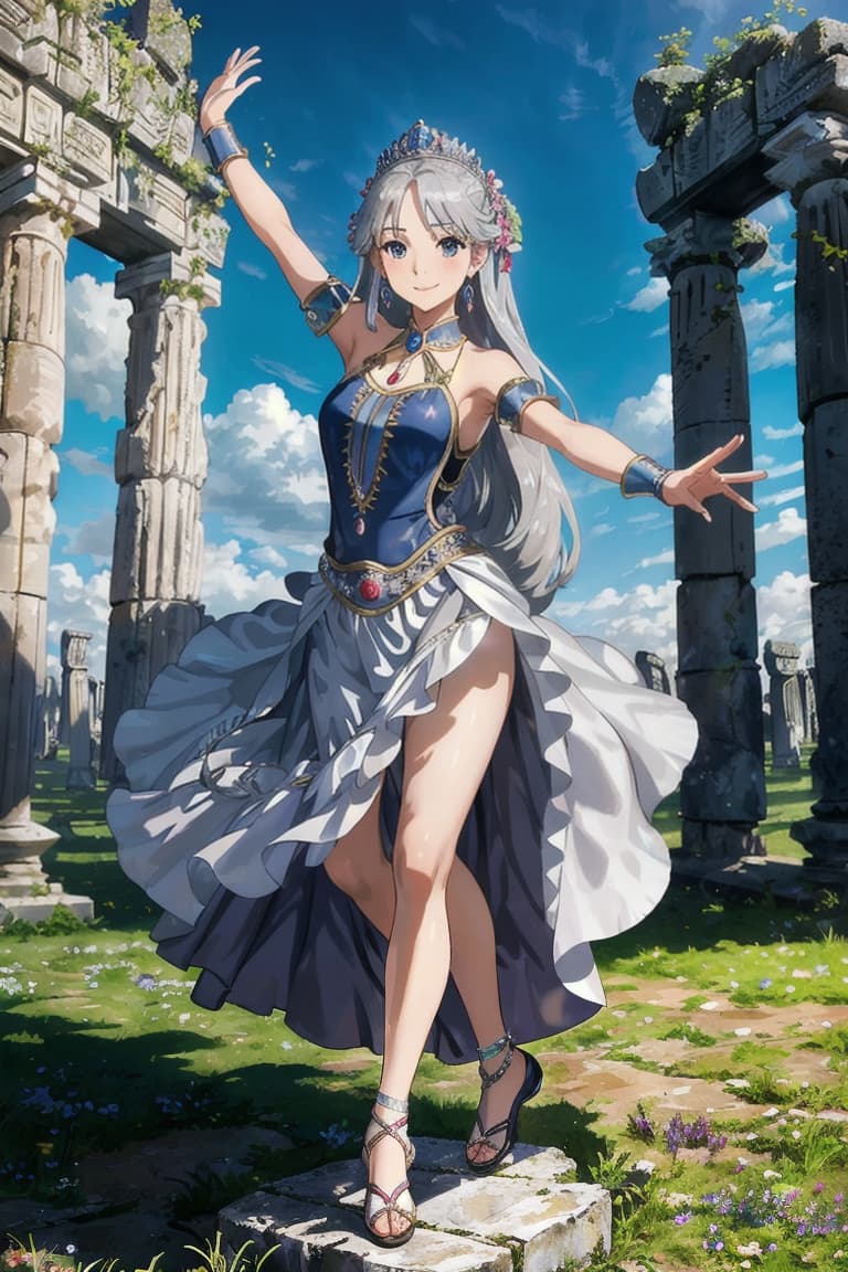  master piece , best quality,The young princess with long silver hair becomes a flamenco dancer and dances gracefully at the ruins of Stonehenge. It is hoped that her lovely smile will reach the souls of the lost civilization.