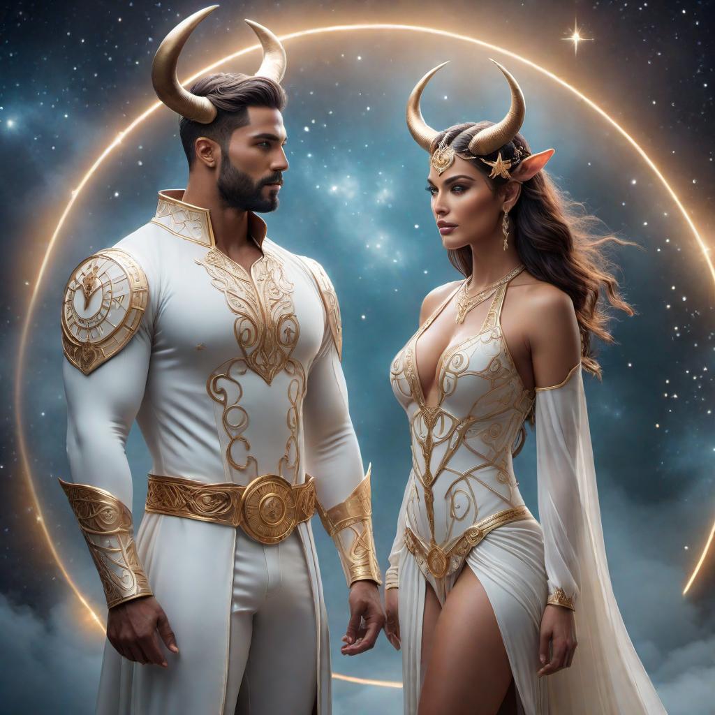  Taurus male and Gemini female zodiac sign in lofi fantasy style. The scene features a dreamy, mystical atmosphere with soft, glowing lights and ethereal colors. The Taurus male has a strong and nurturing presence with distinctive bull horns, while the Gemini female has a curious and playful expression. They are surrounded by zodiac symbols, stars, and a serene background, reflecting their astrological connection. hyperrealistic, full body, detailed clothing, highly detailed, cinematic lighting, stunningly beautiful, intricate, sharp focus, f/1. 8, 85mm, (centered image composition), (professionally color graded), ((bright soft diffused light)), volumetric fog, trending on instagram, trending on tumblr, HDR 4K, 8K