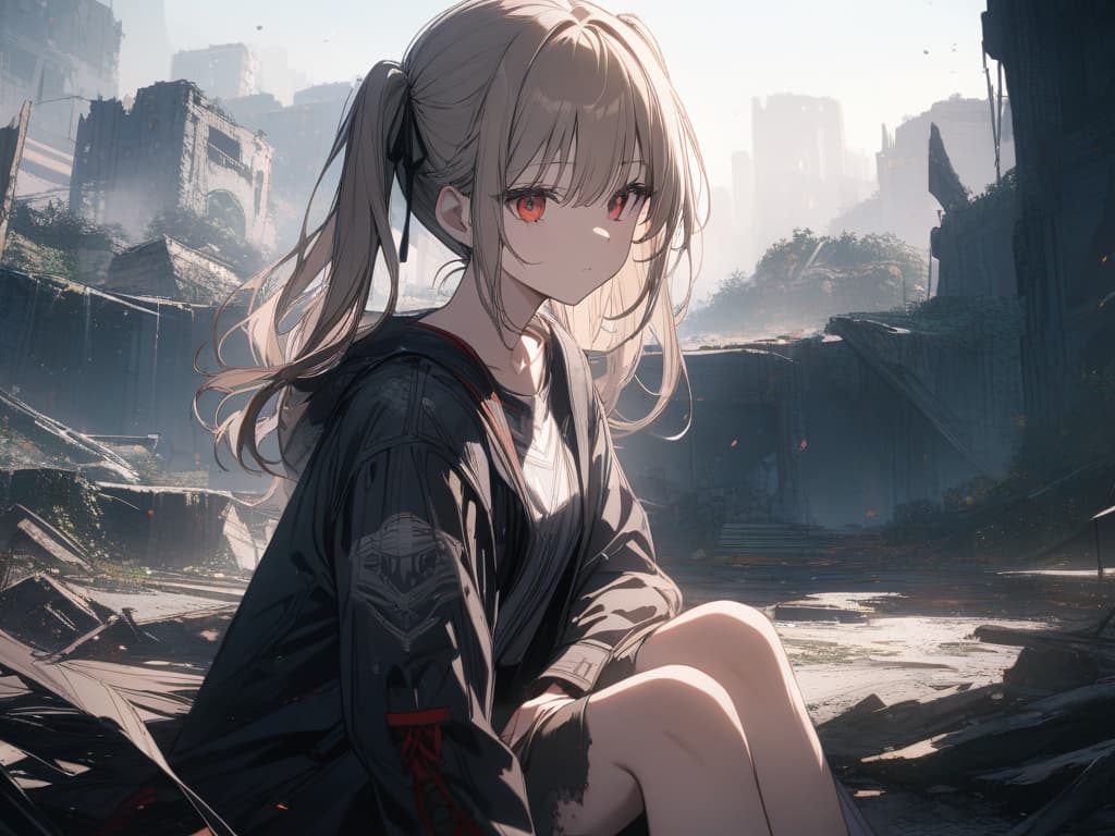  Hair colored beige, twin tails, black ribbon on hair, stars, light, ruins, sitting, red eyes, masterpiece, best quality,8k,ultra detailed,high resolution,an extremely delicate and beautiful,hyper detail