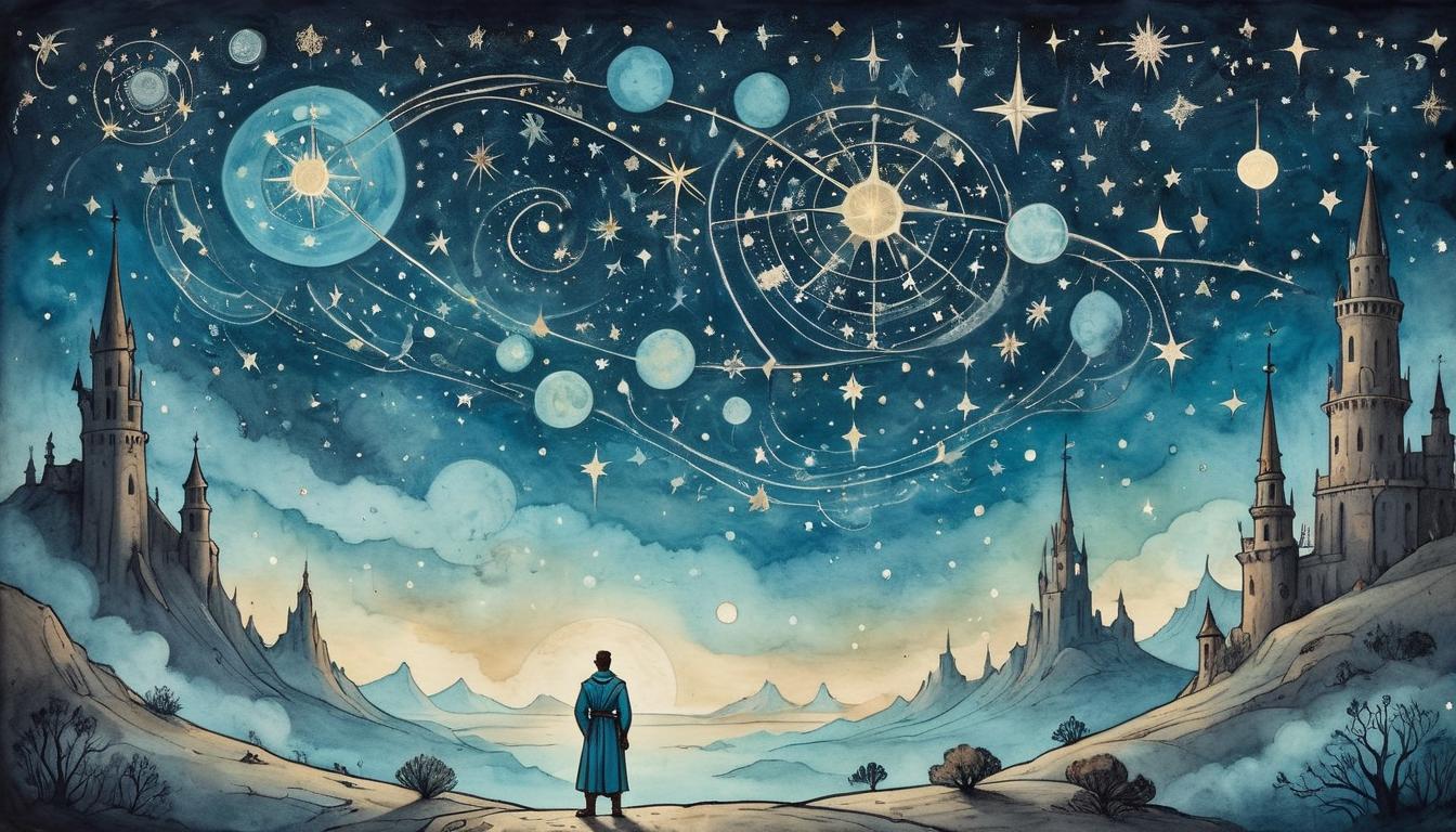  on parchment, surrealism+++, A young figure standing beneath a starry sky, constellation patterns aligning perfectly above, magical symbols glowing, sense of sudden inspiration, destiny, enchantment(mysterious, provocative, symbolic,muted color)+++