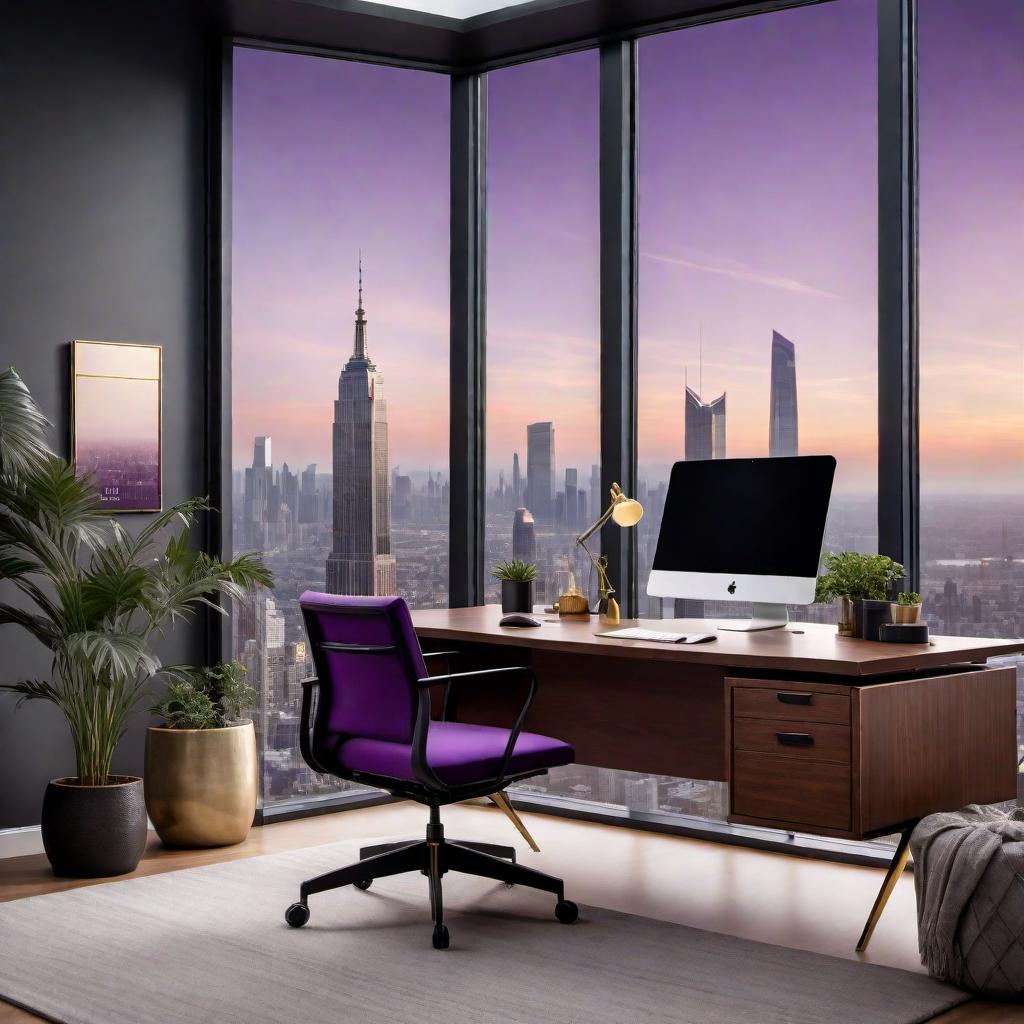  A professional empty virtual office designed for mediation practice. The office features the company colors of dark purple and gold. The space is clean and modern, with a calming atmosphere. Include a sleek desk, comfortable chairs, and ambient lighting. Large windows with a view of the city skyline in the background. Minimalistic decor that exudes professionalism and serenity. hyperrealistic, full body, detailed clothing, highly detailed, cinematic lighting, stunningly beautiful, intricate, sharp focus, f/1. 8, 85mm, (centered image composition), (professionally color graded), ((bright soft diffused light)), volumetric fog, trending on instagram, trending on tumblr, HDR 4K, 8K