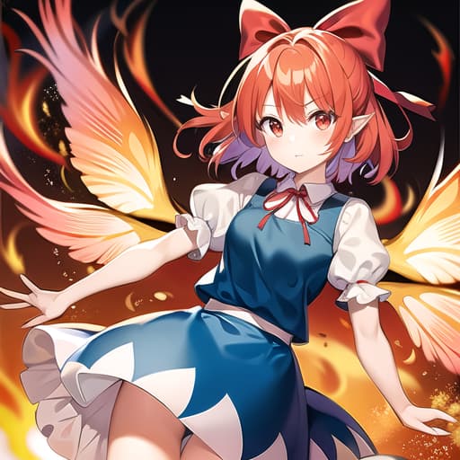  master piece , best quality,1girl, cirno (touhou), short hair, red hair, fire wings, fairy wings, red eyes, bangs, white shirt, collared shirt, puffy short sleeves, red dress, pinafore dress, blue ribbon, neck ribbon, red bow, green bow, hair bow, bow,