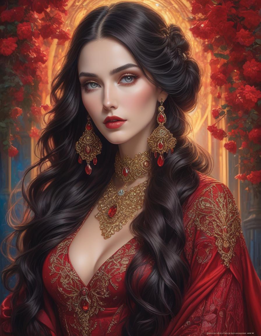  gothic style This portrait showcases a woman with a captivating presence, her long dark hair styled in loose waves. She wears a stunning red dress that hugs her figure, and a flowing scarf that adds a touch of drama to the overall image. The intricate jewelry she wears adds a touch of glamour to the already stunning portrait. , insanely detailed, fantasy, in the style of Josephine Wall, Gustav Klimt, Nikon D850 digital painting ultra realistic extremely detailed fantasy 8k oil on canvas cinematic lighting very attractive, beautiful imperial colors hyperrealistic, ultra detailed crisp quality cinematic postprocessing . dark, mysterious, haunting, dramatic, ornate, detailed hyperrealistic, full body, detailed clothing, highly detailed, cinematic lighting, stunningly beautiful, intricate, sharp focus, f/1. 8, 85mm, (centered image composition), (professionally color graded), ((bright soft diffused light)), volumetric fog, trending on instagram, trending on tumblr, HDR 4K, 8K