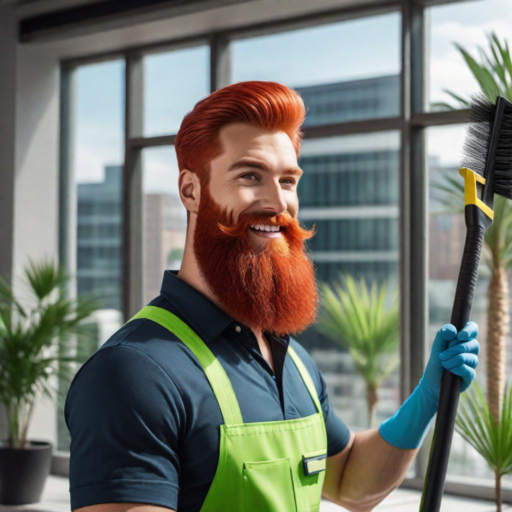  A business logo featuring a cartoon character with a red beard holding a squeegee over his shoulder. The character is cheerful and friendly. The logo should incorporate the colors lime green, green, blue, and black. The business name 'Clear View Window Cleaners' should be prominently displayed. In the background, include a window and a palm tree, creating a clean and fresh look. The overall design should be modern and professional, suitable for a window cleaning business. hyperrealistic, full body, detailed clothing, highly detailed, cinematic lighting, stunningly beautiful, intricate, sharp focus, f/1. 8, 85mm, (centered image composition), (professionally color graded), ((bright soft diffused light)), volumetric fog, trending on instagram, trending on tumblr, HDR 4K, 8K