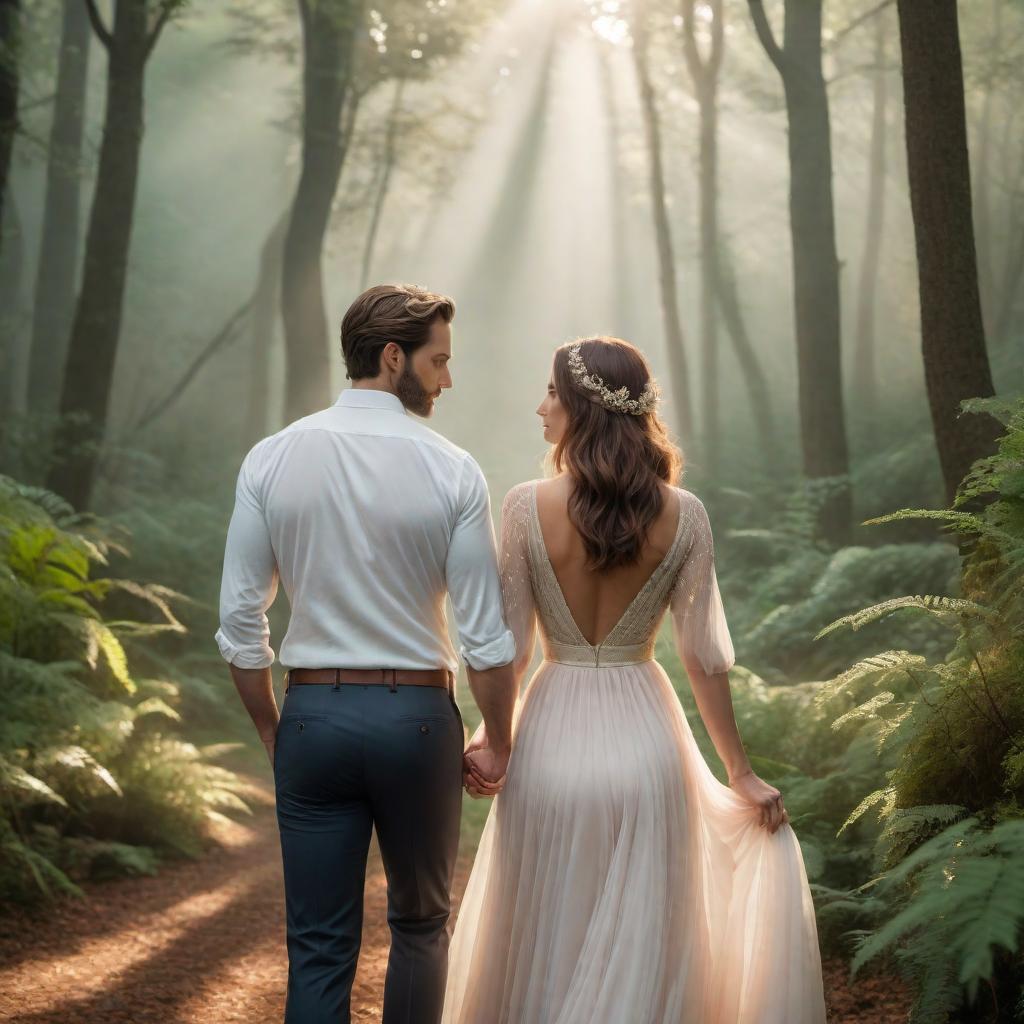  A couple labeled 'Aries' and 'Capricorn,' walking hand-in-hand through a serene, wooded area. The scene captures a relaxed, intimate moment between them. The image should have a dreamy, fantasy lo-fi aesthetic, with soft muted colors, grainy textures, warm lighting, whimsical elements like glowing fairy lights, ethereal mist, and sparkles. The overall vibe should be calm, nostalgic, and magical. hyperrealistic, full body, detailed clothing, highly detailed, cinematic lighting, stunningly beautiful, intricate, sharp focus, f/1. 8, 85mm, (centered image composition), (professionally color graded), ((bright soft diffused light)), volumetric fog, trending on instagram, trending on tumblr, HDR 4K, 8K