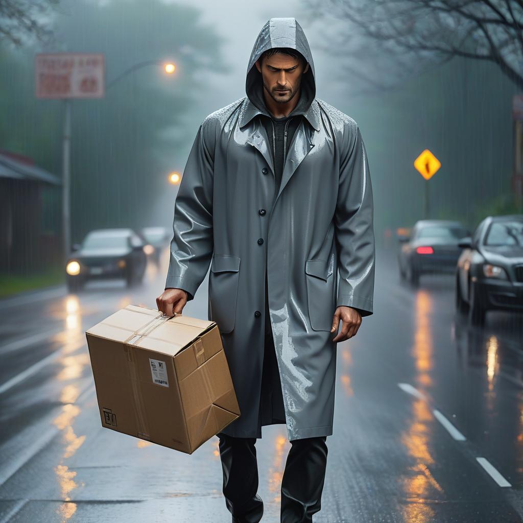  a sad man in a gray raincoat walks along the road in the rain and carries a box in his hands. hyperrealistic, full body, detailed clothing, highly detailed, cinematic lighting, stunningly beautiful, intricate, sharp focus, f/1. 8, 85mm, (centered image composition), (professionally color graded), ((bright soft diffused light)), volumetric fog, trending on instagram, trending on tumblr, HDR 4K, 8K