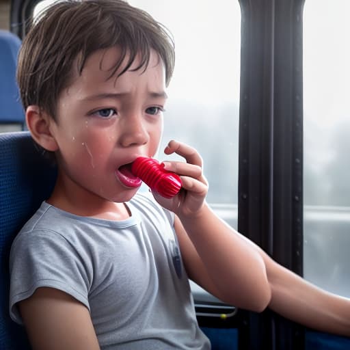  a very sweaty very young boy, caught on a public bus, is discovered by the viewer. The young 's face is rendered in exquisite detail, a look of and arousal as he realizes he's been caught the boy on the bus seat lets out a stream of warm, viscous liquid shooting out from his huge engorged erect tip coating his and splattering onto the floor of the bus, the pinnacle of his is his sweaty features, high-angle shot, dramatic angle, extreme angle shot, photo-realistic, volumetric fog, 85mm lens, HDR, cinematic