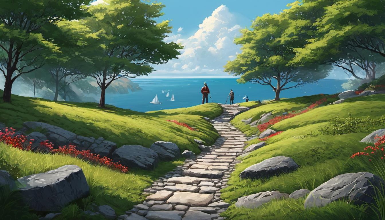  digital illustration, 1man, chiseling a stone pathway, path extends toward the horizon, traces of previous efforts, lessons learned, greater achievements, continuous path, carved journey, looking at viewer, dynamic pose, (intricate details, masterpiece, best quality)