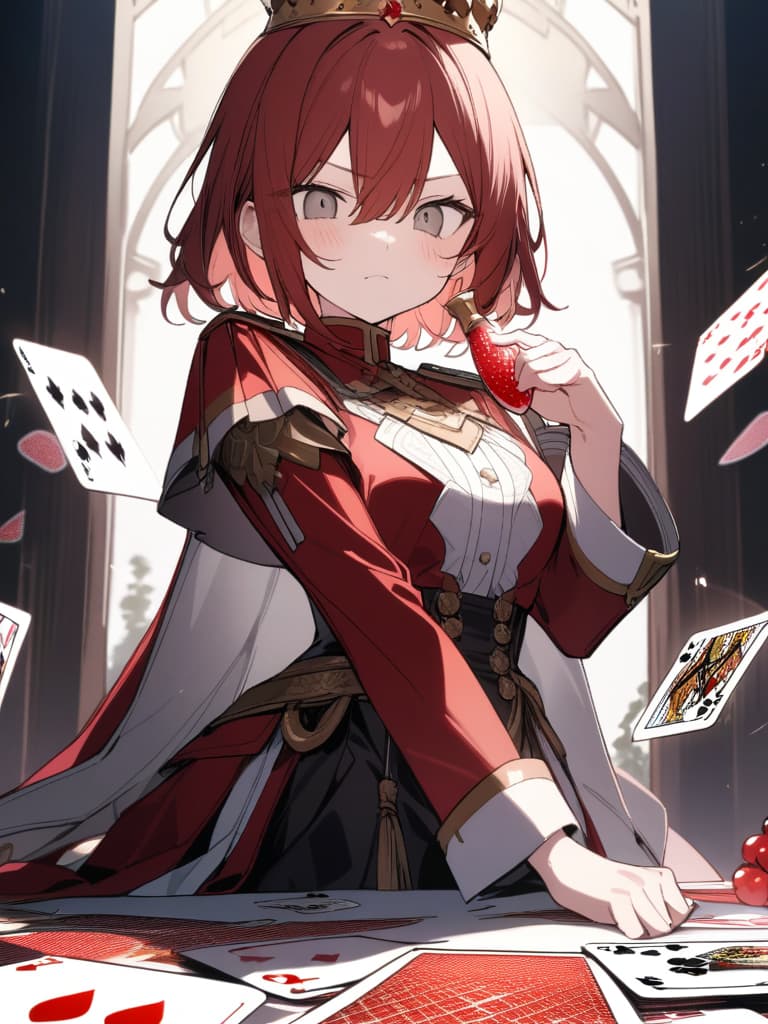  ((Male: 1.2)) ((Red hair,berry short hair,gray eyes,hanging eyes,big eyes,grumpy face: 1.1)) (Golden crown,white and red military uniform,heart wand,playing cards,red and white roses),masterpiece,the highest quality,8K,, masterpiece, best quality,8k,ultra detailed,high resolution,an extremely delicate and beautiful,hyper detail