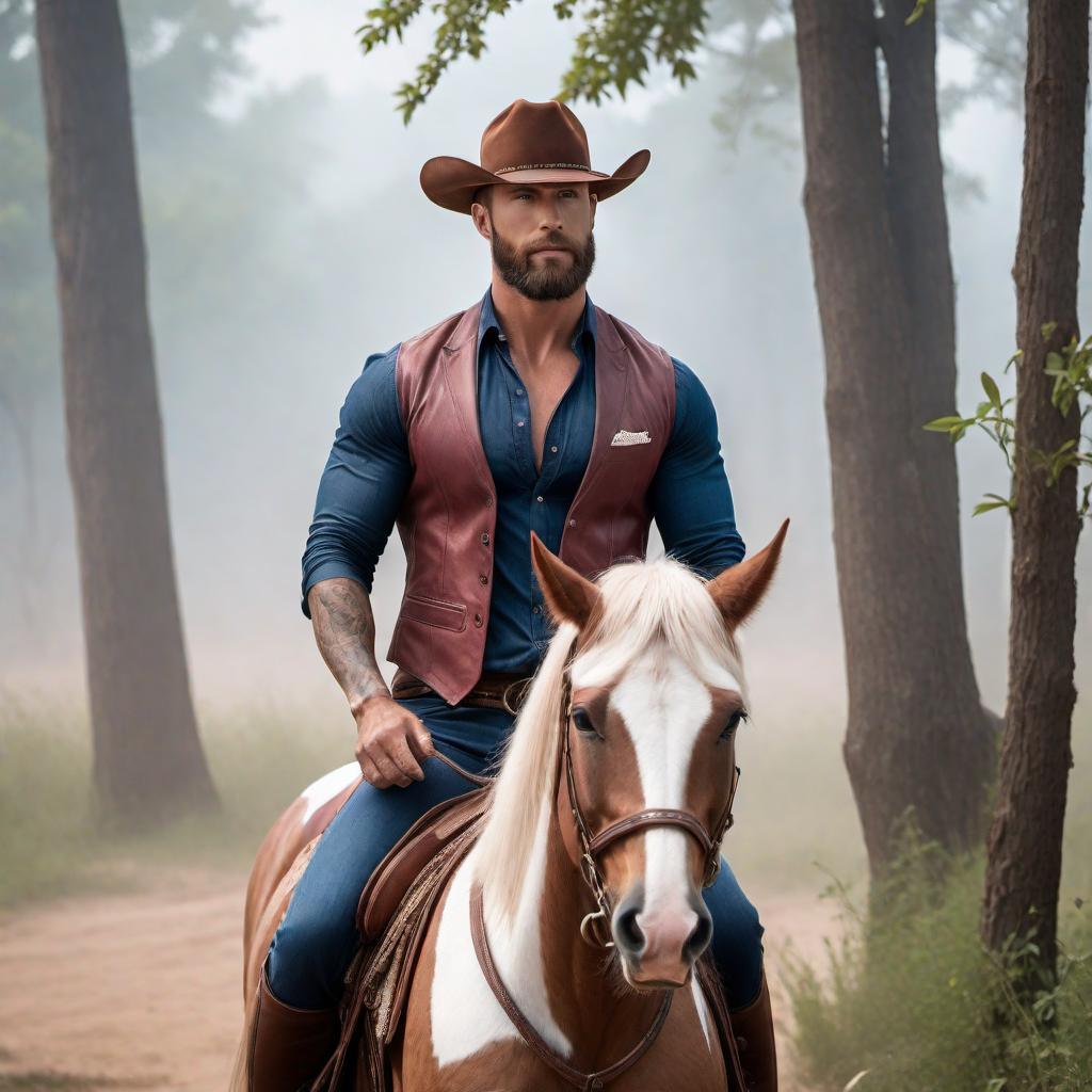  A white male with a tan, lighter skin tone, blue eyes, and short brown hair and beard, riding a paint horse with no shirt on, showcasing a fit but less muscular build. The man is 6 foot 1 inch tall, has a tattoo on his neck that says 'eight three one', and a few tattoos on his arms as well as two lilies on his back, one pink and one red. He is riding the horse bareback. They are in the country. hyperrealistic, full body, detailed clothing, highly detailed, cinematic lighting, stunningly beautiful, intricate, sharp focus, f/1. 8, 85mm, (centered image composition), (professionally color graded), ((bright soft diffused light)), volumetric fog, trending on instagram, trending on tumblr, HDR 4K, 8K