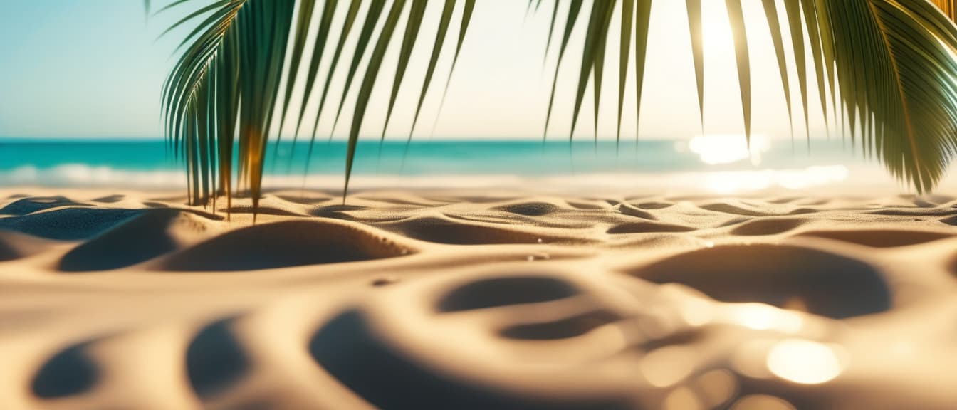  best quality, HD, Palm Leaf and Sandy Beach with Blurred Bokeh Ocean Background. Summer Branding and Marketing Concept for Products and Services