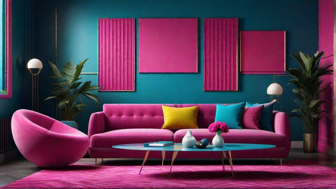  Generate an image of a vibrant living room inspired by 80s retro interior design. The room should be filled with bold colors like neon pink, electric blue, and lime green. Include a geometric patterned wallpaper and furniture pieces such as a round plush sofa in hot pink and a futuristic looking coffee table in shiny chrome. Add iconic 80s decor like lava lamps, geometric wall art, and shaggy rugs to complete the retro aesthetic. The atmosphere should evoke a dynamic and lively vibe characteristic of the 80s era. hyperrealistic, full body, detailed clothing, highly detailed, cinematic lighting, stunningly beautiful, intricate, sharp focus, f/1. 8, 85mm, (centered image composition), (professionally color graded), ((bright soft diffused light)), volumetric fog, trending on instagram, trending on tumblr, HDR 4K, 8K