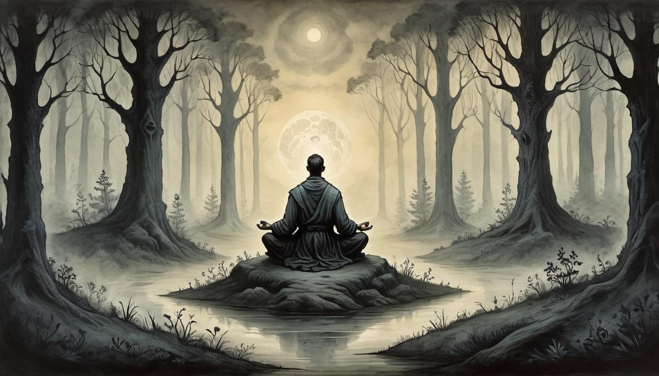  on parchment, surrealism+++, A solitary figure meditating on a dark path, ethereal glow surrounding, shadowy forest background, sense of relentless pursuit and isolation.(mysterious, provocative, symbolic,muted color)+++