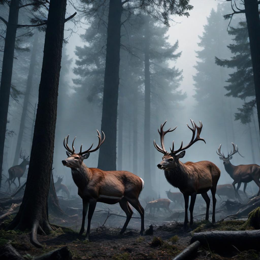  A realistic 3D scene depicting monstrous deer fighting people in a bloody conflict. The setting is a dense, dark forest with tall trees and fog. The monstrous deer have sharp antlers and fierce, glowing eyes, and are standing on their hind legs to fight the people, who are armed and trying to defend themselves. Blood is visible on the ground and on the combatants, adding to the intensity and horror of the scene. The overall atmosphere is dark, chaotic, and terrifying, capturing the desperation and violence of the battle. hyperrealistic, full body, detailed clothing, highly detailed, cinematic lighting, stunningly beautiful, intricate, sharp focus, f/1. 8, 85mm, (centered image composition), (professionally color graded), ((bright soft diffused light)), volumetric fog, trending on instagram, trending on tumblr, HDR 4K, 8K