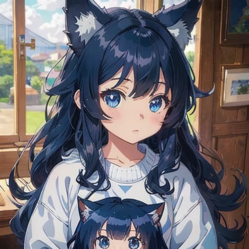  master piece , best quality,anime, girl, detailed, dark blue hair, wolf ears, long wavy hair, long bangs hiding one eye, baggy knitted sweater,sky blue eyes, child like