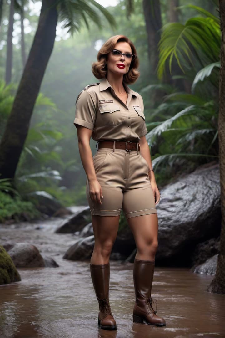  Screaming and crying A 1930’s era female jungle explorer,Velma. Dinkley ,wearing khaki shorts and khaki shirts with khaki knee socks, steps into shoulder deep mud hyperrealistic, full body, detailed clothing, highly detailed, cinematic lighting, stunningly beautiful, intricate, sharp focus, f/1. 8, 85mm, (centered image composition), (professionally color graded), ((bright soft diffused light)), volumetric fog, trending on instagram, trending on tumblr, HDR 4K, 8K