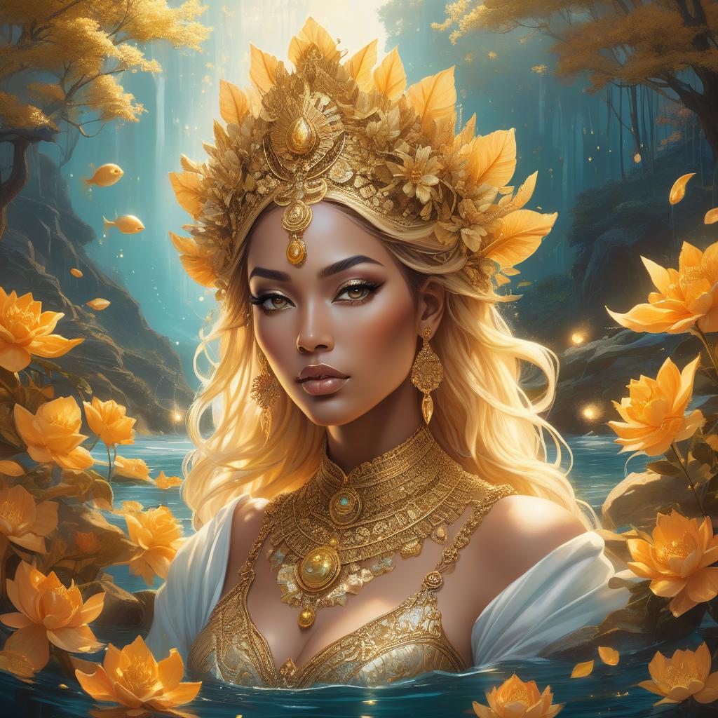  surrealist art A fantasy portrait of a woman adorned with golden floral ornaments, surrounded by a mystical, luminous landscape with water elements. An insanely hyperdetailed whimsical fantasical painting of the Goddess Oshun, the Yoruba goddess of love, fertility, and rivers. She is typically depicted as a beautiful woman adorned with gold and surrounded by flowing water. Genres: Fantasy, Mythology. Styles: Whimsical, Surreal. Techniques: Hyperrealism, Digital Painting. Lights: Warm and Radiant. Colors: Golden yellows, bright oranges, warm browns, and deep blues. Descriptive terms: Lush, Opulent, Serene, Mystical, and Nurturing. This masterpiece digital artwork would be best painted by artists such as Tara McPherson, Audrey Kawasaki, Nicol hyperrealistic, full body, detailed clothing, highly detailed, cinematic lighting, stunningly beautiful, intricate, sharp focus, f/1. 8, 85mm, (centered image composition), (professionally color graded), ((bright soft diffused light)), volumetric fog, trending on instagram, trending on tumblr, HDR 4K, 8K