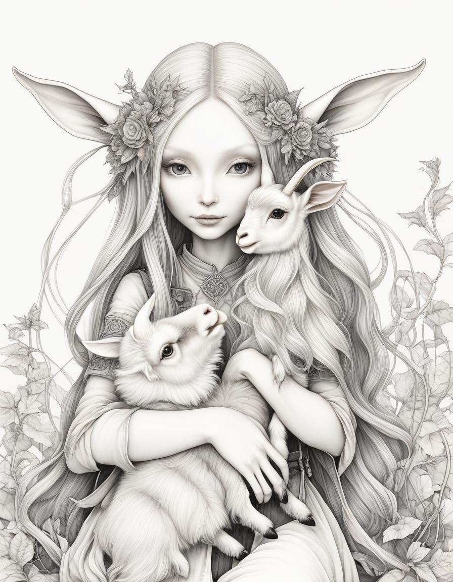  (Wendy Froud), ((coloring style)), sticker, black lines on a white background, { A fairy tale girl in the Tilda Doll style with long hair, denim overalls sat down next to her and hugged a cute little goat )) }, drawing with a black marker on a white background, mysticism, fairy tale, fantasy, good detail, good drawing, cartoon style, clear contours, attractiveness, Graciela Rodo Boulanger, Naoto Hattori, Bill Pocket, (Wendy Froud) hyperrealistic, full body, detailed clothing, highly detailed, cinematic lighting, stunningly beautiful, intricate, sharp focus, f/1. 8, 85mm, (centered image composition), (professionally color graded), ((bright soft diffused light)), volumetric fog, trending on instagram, trending on tumblr, HDR 4K, 8K