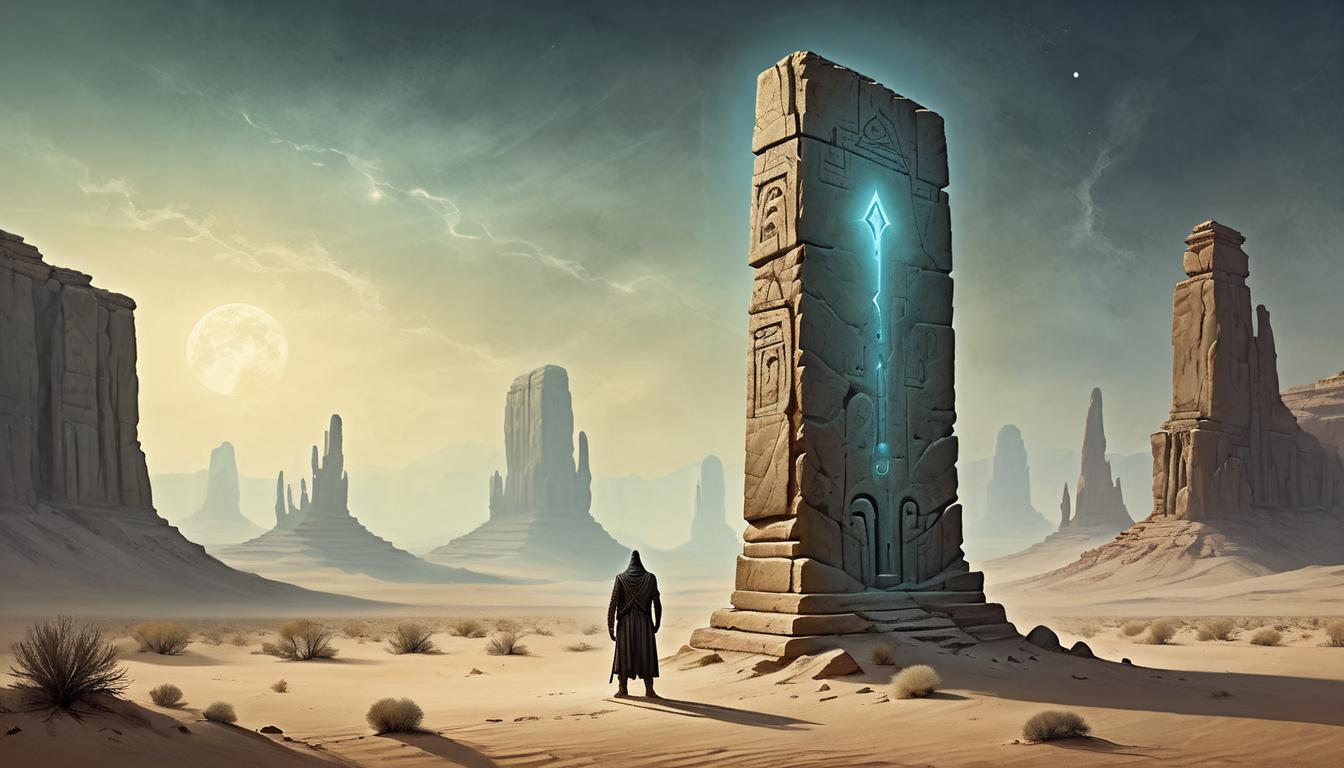  on parchment, surrealism+++, Weathered ancient monolith, standing solitary in a barren desert, carvings glowing with faint light, desolate, enigmatic(mysterious, provocative, symbolic,muted color)+++