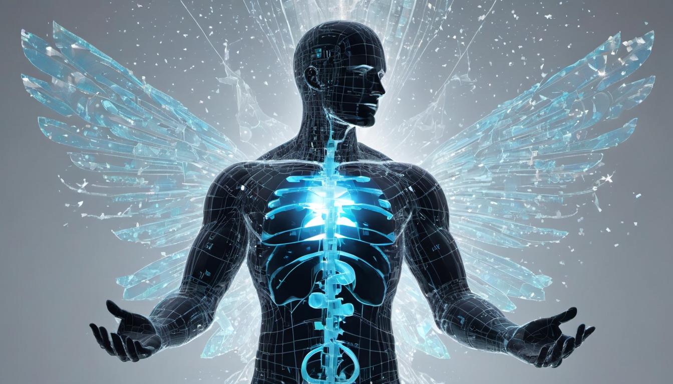  digital illustration, 1man, transparent silhouette, visible internal organs like a metaphorical X ray, standing confidently, hands open and palms facing up, scattered thoughts represented by flowing text around him, words travel from his head to the surrounding space, open, honest, looking at viewer, dynamic pose, (intricate details, masterpiece, best quality)