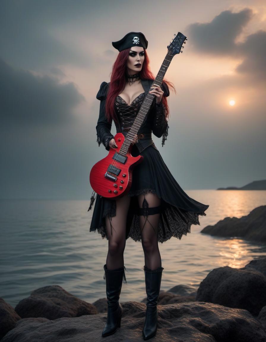  horror themed A sexually gothic girl pirate with an electric guitar on the sea. . eerie, unsettling, dark, spooky, suspenseful, grim, highly detailed hyperrealistic, full body, detailed clothing, highly detailed, cinematic lighting, stunningly beautiful, intricate, sharp focus, f/1. 8, 85mm, (centered image composition), (professionally color graded), ((bright soft diffused light)), volumetric fog, trending on instagram, trending on tumblr, HDR 4K, 8K