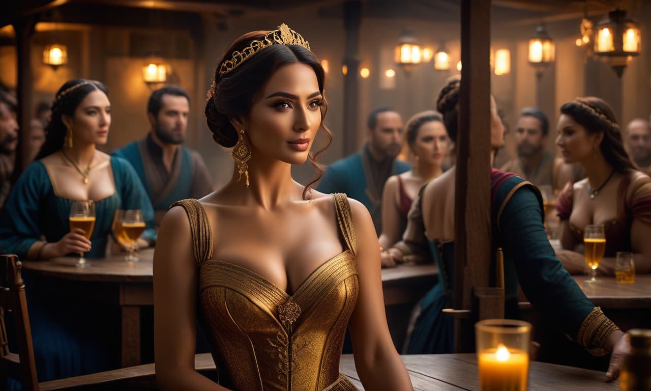  cinematic film still (Masterpiece, digital art: 1.7). Evening. Tavern. Golden glow. Nine girls, nine muses Clio, Thalia, Erato, Euterpe, Polyhymnia, Calliope, Terpsichore, Urania, Melpomene, in ancient Greek tunics sit at tables, and the tavern hostess pours them drinks. A magical atmosphere. . shallow depth of field, vignette, highly detailed, high budget, bokeh, cinemascope, moody, epic, gorgeous, film grain, grainy hyperrealistic, full body, detailed clothing, highly detailed, cinematic lighting, stunningly beautiful, intricate, sharp focus, f/1. 8, 85mm, (centered image composition), (professionally color graded), ((bright soft diffused light)), volumetric fog, trending on instagram, trending on tumblr, HDR 4K, 8K