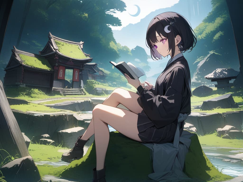  Mountain stream,moss covered rocks,broken shrine,moss covered building,forest,reading,best quality,beautiful,fantastic,cool girl,Black hair,(purple eyes),short,cropped hair,crescent moon hair ornament,On the stump, masterpiece, best quality,8k,ultra detailed,high resolution,an extremely delicate and beautiful,hyper detail