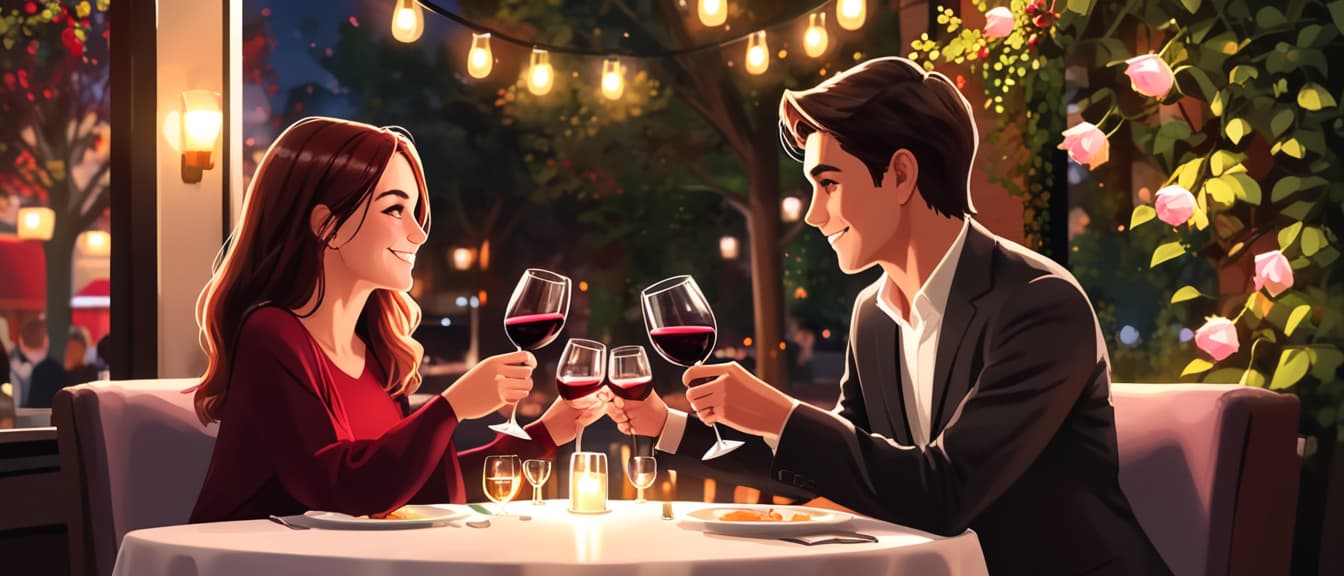  Young lovely couple on a date at a romantic restaurant, raising their glasses of red wine to toast each other on valentine's day