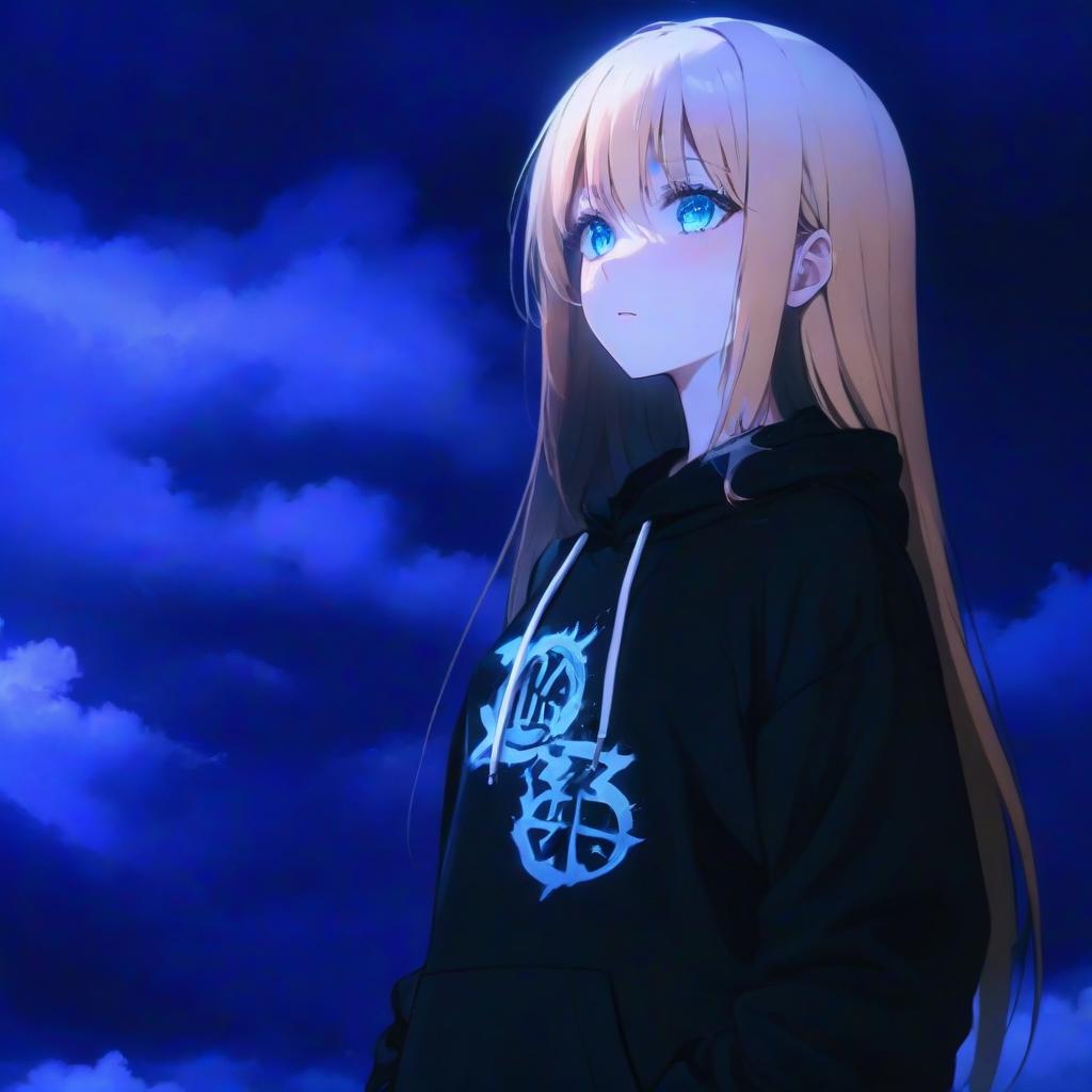  a girl with long hair standing in front of a cloudy sky, inspired by INO, trending on pixiv, auto destructive art, black hoodie techie, glowing blue eyes, official studio anime still, vacation photo hyperrealistic, full body, detailed clothing, highly detailed, cinematic lighting, stunningly beautiful, intricate, sharp focus, f/1. 8, 85mm, (centered image composition), (professionally color graded), ((bright soft diffused light)), volumetric fog, trending on instagram, trending on tumblr, HDR 4K, 8K