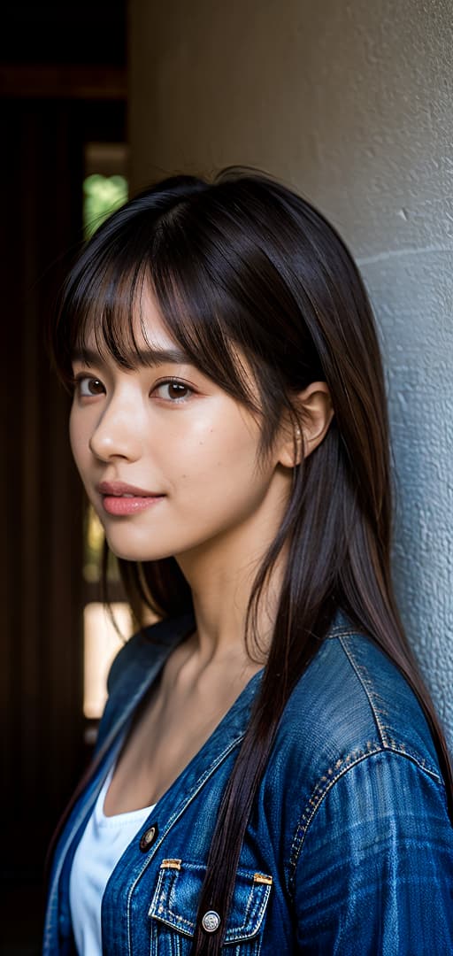  Best quality, masterpiece, ultra high res, (photorealistic:1.4), raw photo, (detail face:1.3), (realistic skin), deep shadow, dramatic lighting, feminine, shoulder-length hair, layered cut, bangs, bangs, ash brown, natural makeup, lipstick, front teeth, casual chic, cardigan, denim, accessories, outgoing, lovely smile, summer , deep shadow, dramatic lighting, portrait, portrait size, unedited, symmetrical balance