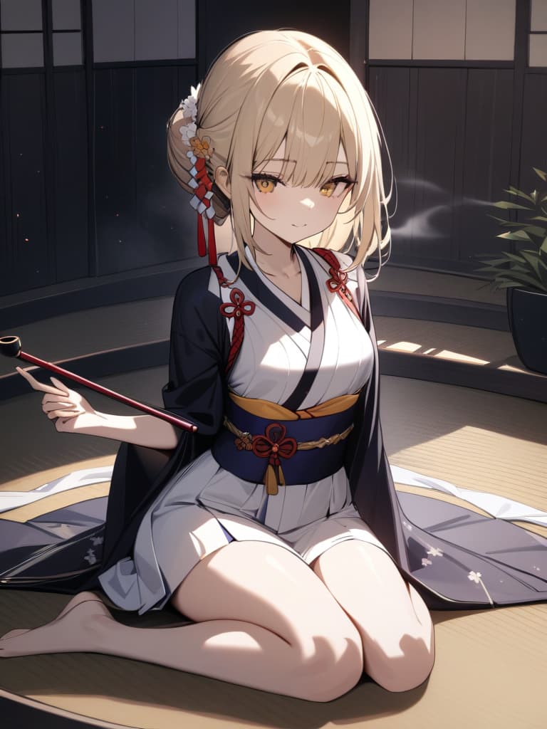  ultra detailed:1.2masterpiece:1.2,best quality,masterpiece,bestquality,hdr:1.1,8k:1.1,very cute girl:1.3,(Japanese smoke pipe:1.7),blonde hair:1.3,kimono:1.3,sitting wariza:1.5, masterpiece, best quality,8k,ultra detailed,high resolution,an extremely delicate and beautiful,hyper detail