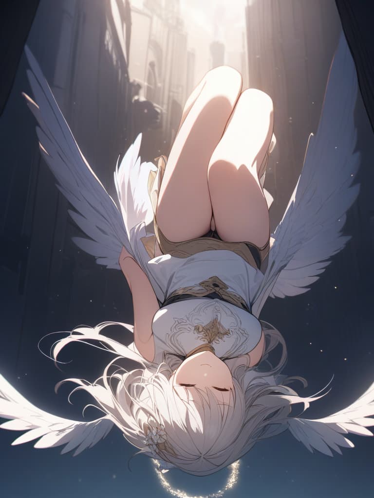  ultra detailed:1.2masterpiece:1.2,best quality,masterpiece,bestquality,hdr:1.1,8k:1.1,very cute girl:1.3,closed eyes:1.1,(fullbody:1.2),(angel wing:1.7),(angel halo)(falling sky:1.3),(feather :1.3),(flip upside down:1.7),Fallon angle:1.4,from front:1.4,close mouth,sleep eyes :,closed legs:1.4,arms down:1.3, masterpiece, best quality,8k,ultra detailed,high resolution,an extremely delicate and beautiful,hyper detail