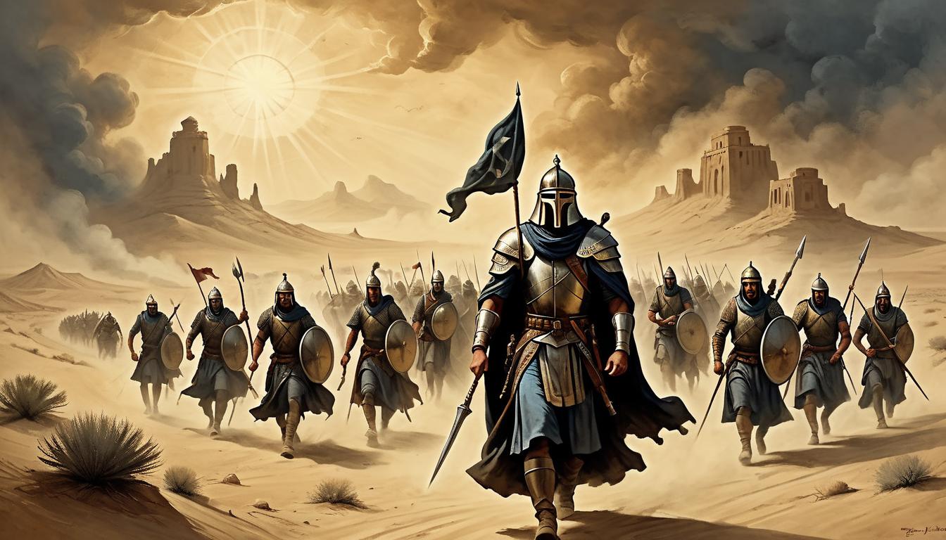  on parchment, surrealism+++, Figure resembling Joshua in ancient battle gear, leading a group of determined followers through a desert, dramatic lighting, dust clouds swirling, faces showing unwavering faith, intense, biblical aura(mysterious, provocative, symbolic,muted color)+++