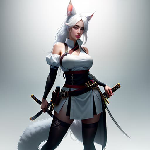  Front view, a full grown girl, with ears and a tail, a katana is worn on the waist, arms are free, white background hyperrealistic, full body, detailed clothing, highly detailed, cinematic lighting, stunningly beautiful, intricate, sharp focus, f/1. 8, 85mm, (centered image composition), (professionally color graded), ((bright soft diffused light)), volumetric fog, trending on instagram, trending on tumblr, HDR 4K, 8K