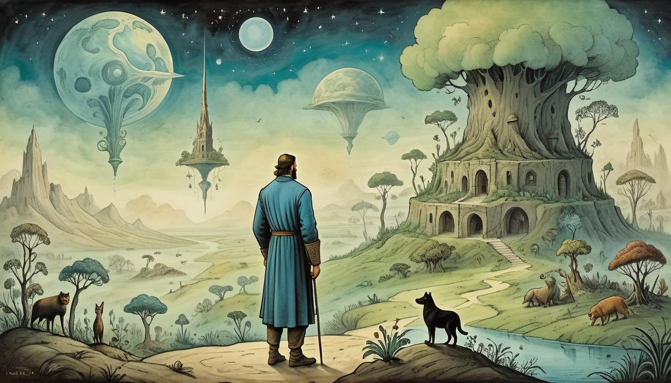  on parchment, surrealism+++, Noah standing tall, staff in hand, surveying the new, cleansed earth, fresh vegetation sprouting, animals roaming, sense of accomplishment and purpose(mysterious, provocative, symbolic,muted color)+++