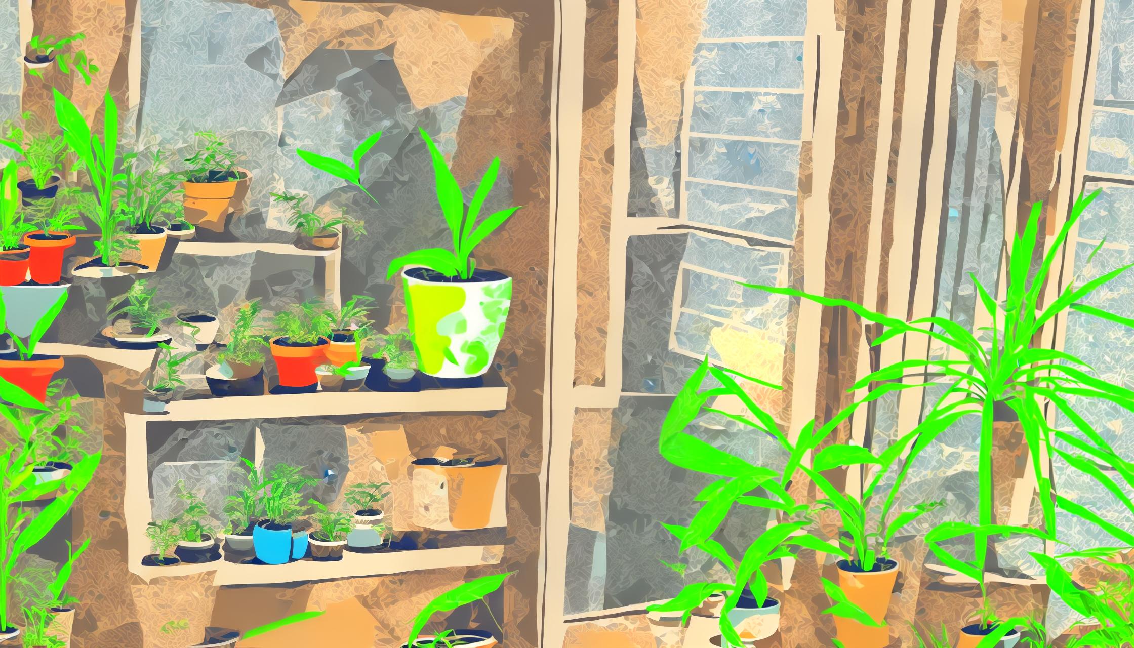 mdjrny-v4 style Closeup face portrait of a few potted plants are on a shelf next to a window, vector art, flat colors, pop art, pattern, city scenery, lofi color, hyper lofi