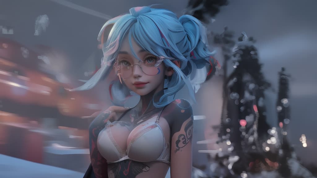  3D render of a Thai woman standing in a snow covearea, smile, blue asymmetrical bob with pink hair highlighting, breasts, lipstick, (white+red bra and G-String:1.3), sky, optic glasses, tree, (colorful tattoos:1.35), starry sky, Christmas, sexy pose