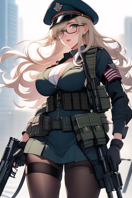  Scarlett Johansson , best quality, uniform, microphone, assault rifle, thigh holster, military uniform, weapon, skirt, glasses, gloves, animal, pug, krag jorgensen, m1911, dog, first aid kit, pantyhose, snake, long sleeves, fn fal, green skirt, military, m60, rifle, bandages, lustful, huge boobs, cleavage, long wavy hair, White hair, blonde hair, military operator, load bearing vest, handgun, watch, machine gun, solo, holster, short hair, bandage over one eye, headset, gun, green eyes, masterpiece, newest, absurdres, safe hyperrealistic, full body, detailed clothing, highly detailed, cinematic lighting, stunningly beautiful, intricate, sharp focus, f/1. 8, 85mm, (centered image composition), (professionally color graded), ((bright soft diffused light)), volumetric fog, trending on instagram, trending on tumblr, HDR 4K, 8K