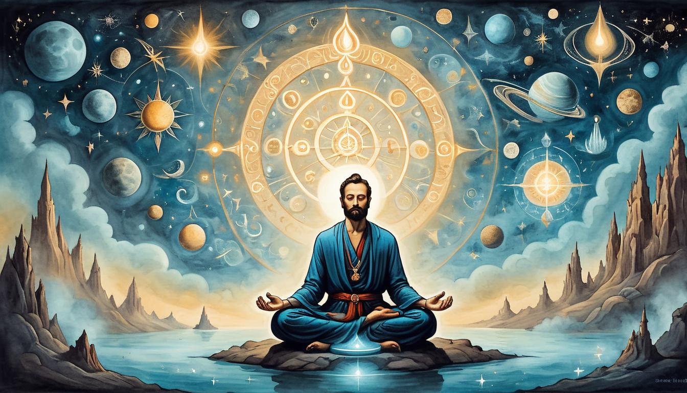  on parchment, surrealism+++, Figure in meditation amidst a cosmic backdrop, glowing symbols of purpose and meaning floating, serene expression, connection to greater forces, guiding light(mysterious, provocative, symbolic,muted color)+++