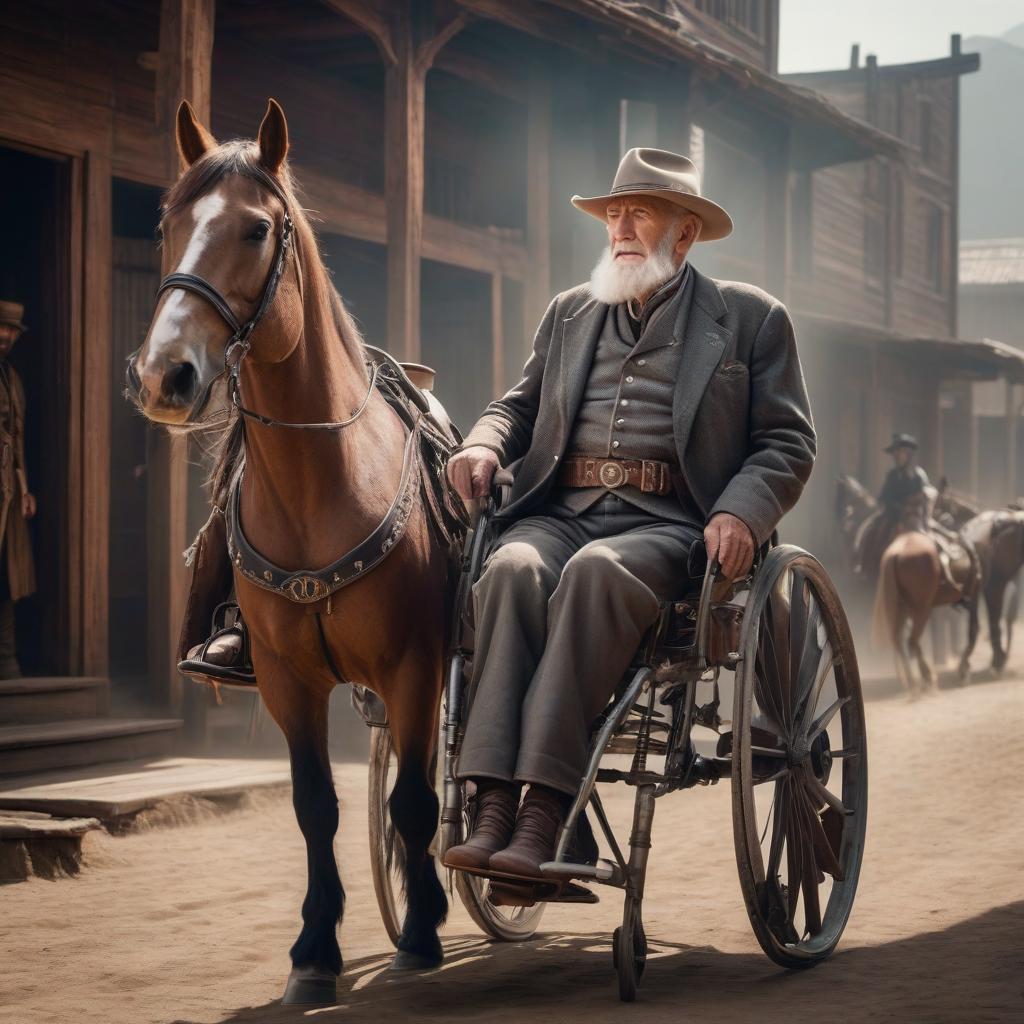  A old man without legs and lower jaw rides in a wheelchair tied to a horse, wild West hyperrealistic, full body, detailed clothing, highly detailed, cinematic lighting, stunningly beautiful, intricate, sharp focus, f/1. 8, 85mm, (centered image composition), (professionally color graded), ((bright soft diffused light)), volumetric fog, trending on instagram, trending on tumblr, HDR 4K, 8K