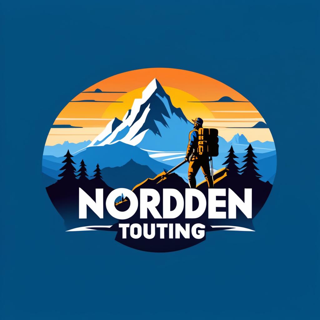  Logo, (realism style), Wanderer auf Bergtour im blauen Sonnenaufgang in Richtung „NORDEN“