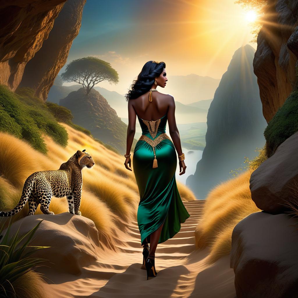  ethereal fantasy concept art of The woman was walking up a rocky slope, following a path known to her alone. She had mocha coloured skin and straight, shiny black hair to her waist. The woman walked surrounded by leopards, climbing higher and higher and heading for the tomb at the top. Her silhouette seemed to shake like a mirage above the sun hot sand. . magnificent, celestial, ethereal, painterly, epic, majestic, magical, fantasy art, cover art, dreamy hyperrealistic, full body, detailed clothing, highly detailed, cinematic lighting, stunningly beautiful, intricate, sharp focus, f/1. 8, 85mm, (centered image composition), (professionally color graded), ((bright soft diffused light)), volumetric fog, trending on instagram, trending on tumblr, HDR 4K, 8K