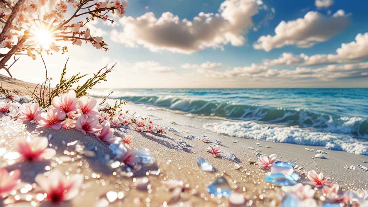  best quality, HD, Beach summer panoramic background with Blossom flower on the cristal sand and glory water