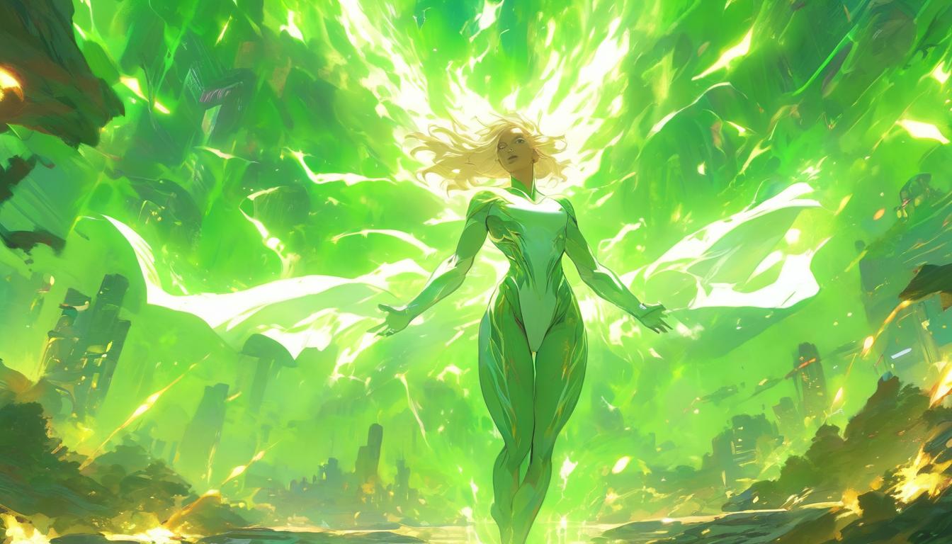  hyperrealism,fantasy aesthetic1woman, large busted attractive blonde arian female humanoid, dressed in white robes, ethereal glow, standing on lush green earth, arms outstretched, high tech clothing clad in sleek, futuristic costume with metallic accents and form fitting designs, marvel superhero comics style, unreal engine rendering