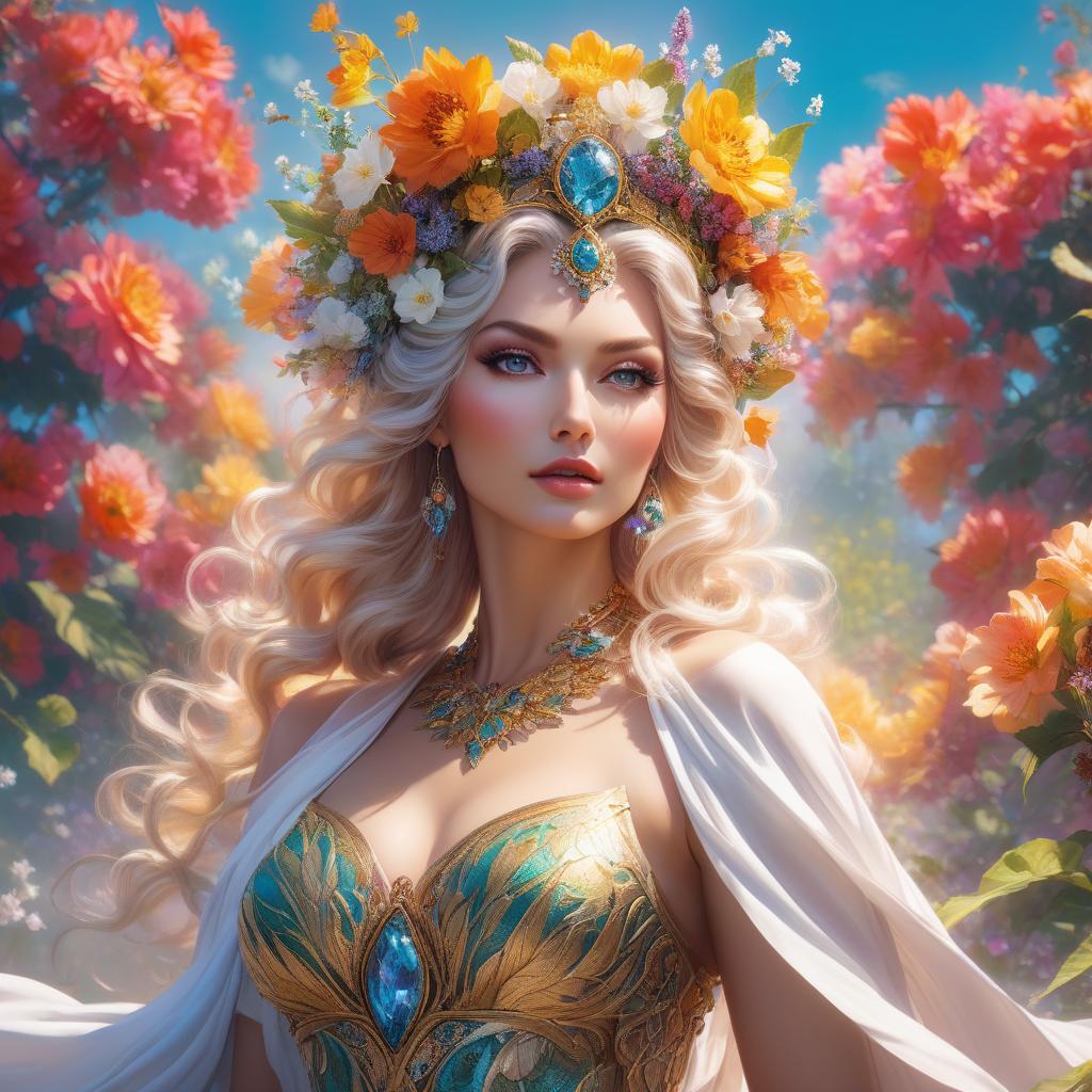  A vibrant portrait of a woman with a floral headdress, swirling hair, and rich, vivid colors conveying a fantasy aesthetic. a painting of a woman with flowers in her hair, flower goddess, beautiful art uhd 4 k, beautiful fantasy art portrait, goddess of nature, beautiful fantasy portrait, goddess of summer, goddess portrait, colorfull digital fantasy art, goddess of spring, beautiful fantasy maiden, portrait of a beautiful goddess, earth goddess mythology, karol bak uhd, the goddess of summer hyperrealistic, full body, detailed clothing, highly detailed, cinematic lighting, stunningly beautiful, intricate, sharp focus, f/1. 8, 85mm, (centered image composition), (professionally color graded), ((bright soft diffused light)), volumetric fog, trending on instagram, trending on tumblr, HDR 4K, 8K