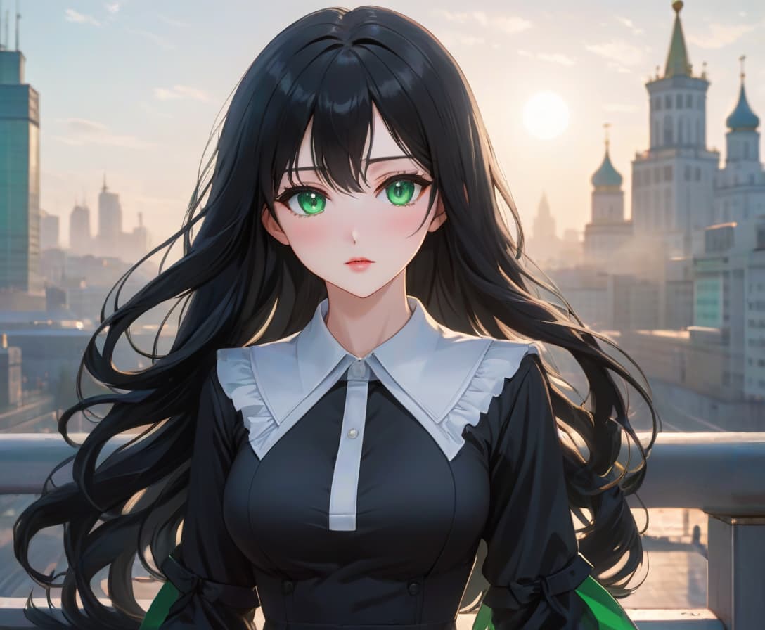  anime artwork beautiful , , white skinned, European, green eyes, long black wavy hair, slender figure, small neat s, dressed in a black dress with a white collar and white cuffs, full length, against the backdrop of a modern city. Skyscrs of Moscow City (photorealism, oil painting: 1.3), (full length shot: 1.3), charming , long flowing black hair, (large sensual mouth: 1.2), plump lips, sparkling emerald eyes , narrow waist, (sensual figure: 1.2), silvery glow, ethereal aura, detailed brushwork, intricate shadows and highlights, mysterious and captivating expression, unique color palette, masterful use of light and shadow, captivating atmosphere, pure emotion, intense gaze, dynamic composition. . anime s hyperrealistic, full body, detailed clothing, highly detailed, cinematic lighting, stunningly beautiful, intricate, sharp focus, f/1. 8, 85mm, (centered image composition), (professionally color graded), ((bright soft diffused light)), volumetric fog, trending on instagram, trending on tumblr, HDR 4K, 8K