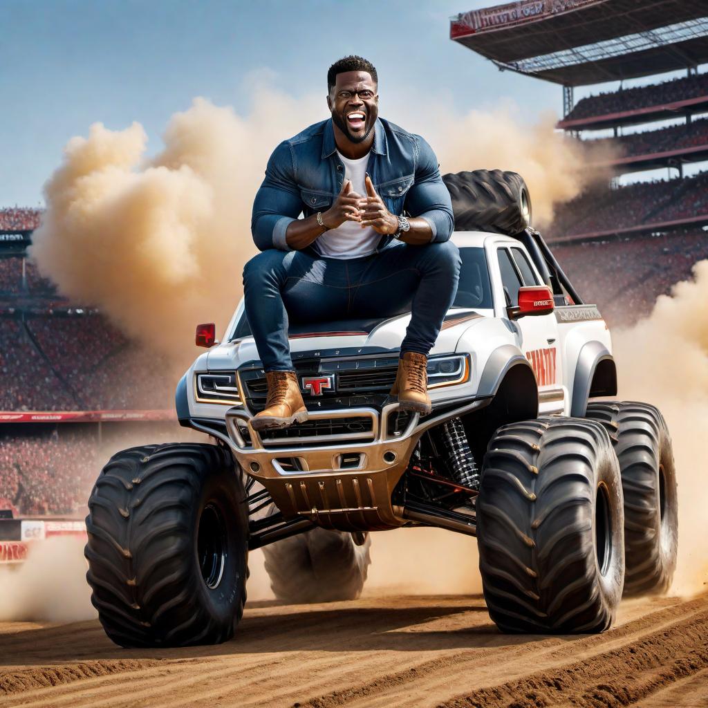  Kevin Hart riding in a monster truck, looking excited and happy. The monster truck is large with massive tires, in a stadium full of cheering fans. hyperrealistic, full body, detailed clothing, highly detailed, cinematic lighting, stunningly beautiful, intricate, sharp focus, f/1. 8, 85mm, (centered image composition), (professionally color graded), ((bright soft diffused light)), volumetric fog, trending on instagram, trending on tumblr, HDR 4K, 8K