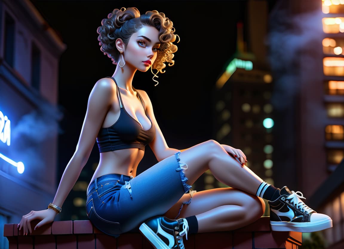  A girl is sitting on a rooftop against the backdrop of a night city, her hair is curly and dark, wearing denim shorts and white sneakers, profile view. hyperrealistic, full body, detailed clothing, highly detailed, cinematic lighting, stunningly beautiful, intricate, sharp focus, f/1. 8, 85mm, (centered image composition), (professionally color graded), ((bright soft diffused light)), volumetric fog, trending on instagram, trending on tumblr, HDR 4K, 8K